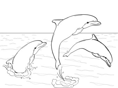 Raster İmitasyon retro çizgi roman tarzı. Deniz, su oyunda üç yunuslar üzerine getirin. Çocuklar için boyama kitabı