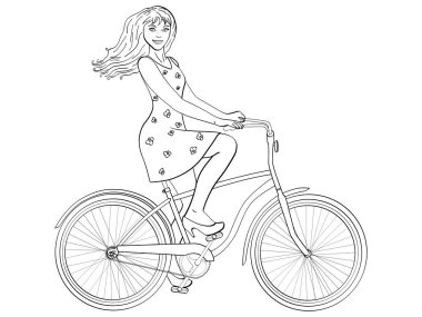 Beyaz arka plan noktasında yalıtılmış nesne. Güneş ışınları ile. Genç güzellik kadın binmek bisiklet retro raster. Çocuk boyama kitabı