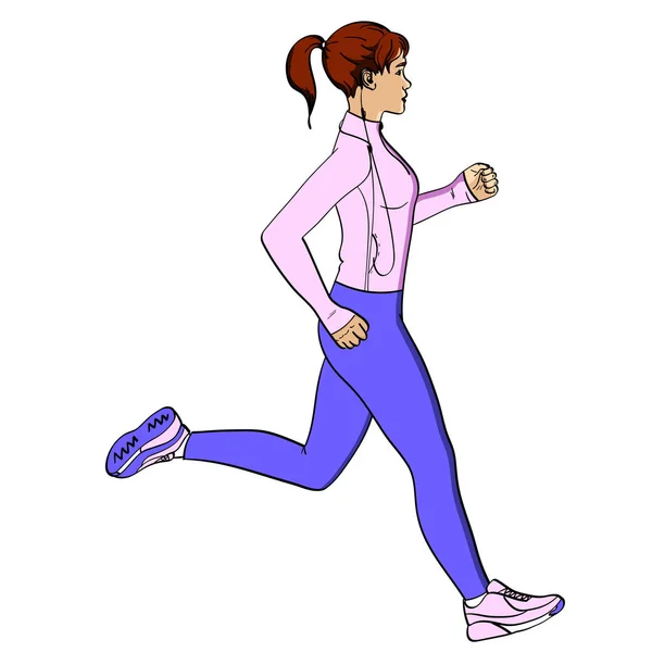 Esporte menina jogging objeto no fundo branco retro. Imitação de estilo de livro cômico. Em roupas esportivas com fones de ouvido e um jogador — Fotografia de Stock