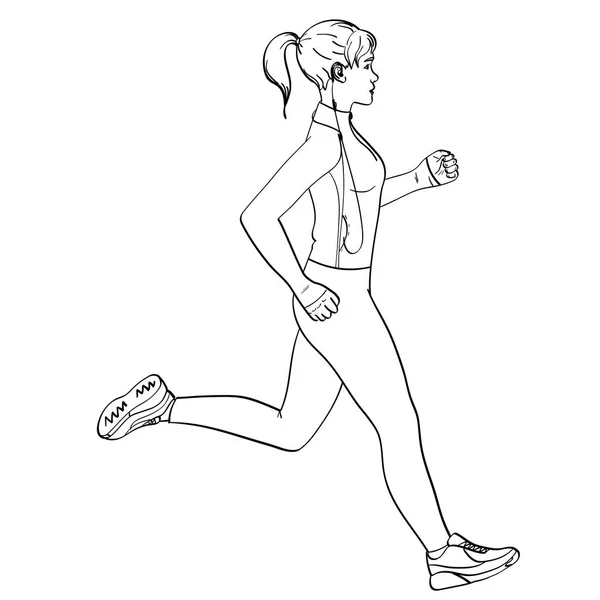 体育女孩慢跑对象在白色背景复古。儿童着色。在运动服装用耳机和球员 — 图库照片