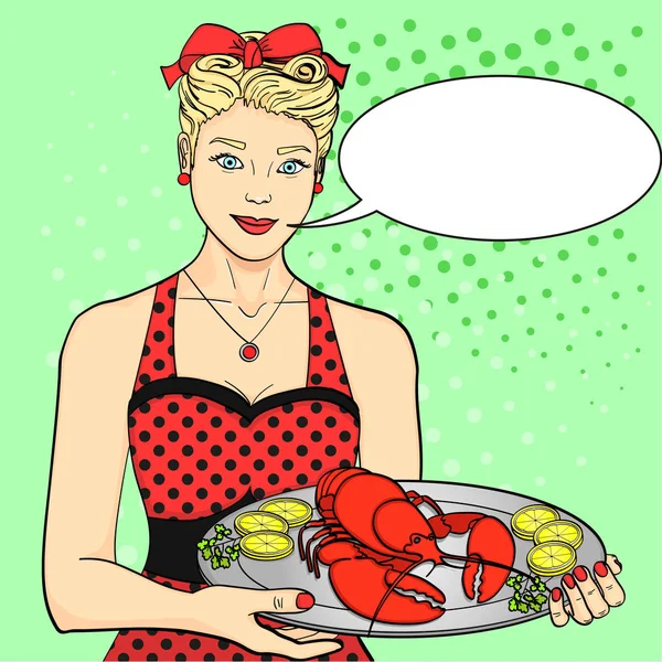 L'hôtesse, le cuisinier, le serveur en rouge servent à manger. Une femme présente un homard sur un plateau. Pop art style bulle de texte — Photo