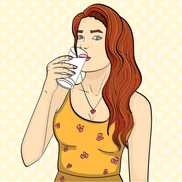 Здоровая женщина пьет молоко из стакана. Поп-арт фон. Имитационный растер в стиле комикса — стоковое фото