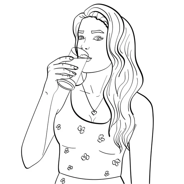 Sağlıklı kadın cam süt içiyor. Beyaz arka plan üzerinde izole nesne. Çocuklar için boyama kitabı — Stok fotoğraf