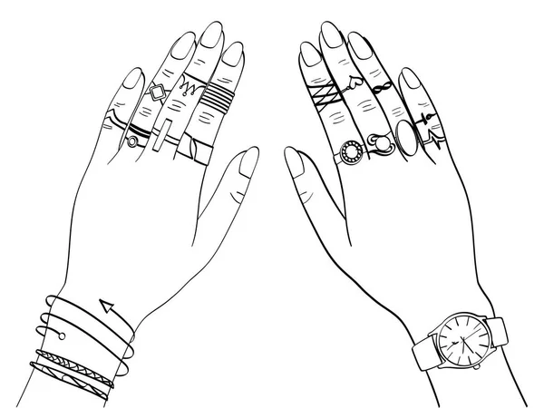 Objeto isolado sobre fundo branco. Mãos de mulheres em jóias de moda, anéis, jóias, relógios. Coloração de livro para crianças — Fotografia de Stock