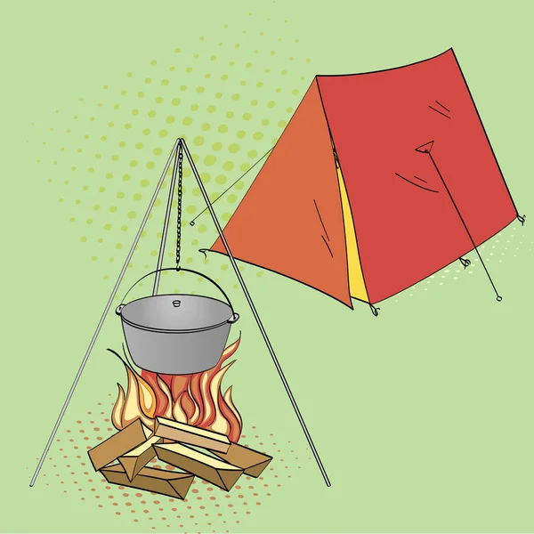Pop-Art-Hintergrund campen. Raster eines imitierten Zeltes im Retro-Comic-Stil und Lagerfeuer mit Kochen — Stockfoto