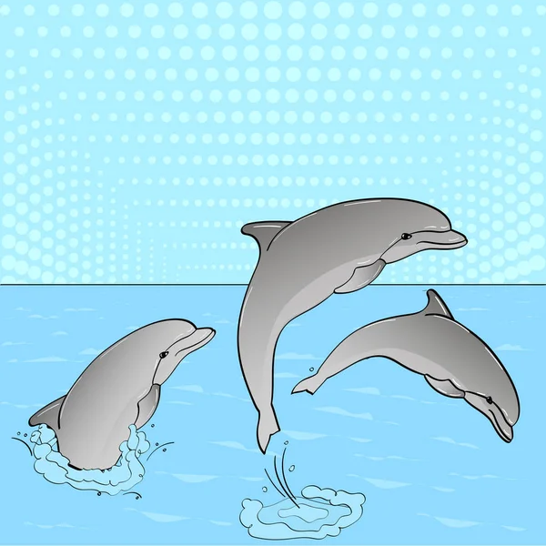Pop Art. Raster της μίμησης κόμικ στυλ ρετρό. Ανάπαυση στη θάλασσα, τρία δελφίνια παίζουν στο νερό. — Φωτογραφία Αρχείου