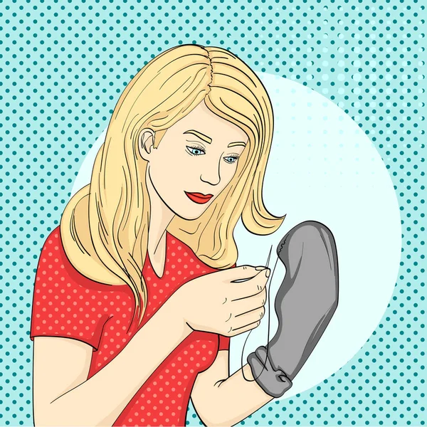 Pop art background, point. Young, the girl sews mens black socks with a needle and thread. Imitation comic style, retro — Stock Photo, Image