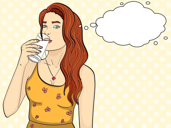 健康的女人正在喝杯子里的牛奶。流行艺术背景。模仿漫画风格的光栅文本泡沫 — 图库照片#