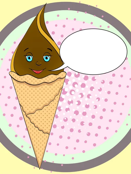 Ice cream cone z twarzy, uśmiechu na tle pop-artu. Imitacja komiksu. Chmurka tekstu rastrowego — Zdjęcie stockowe