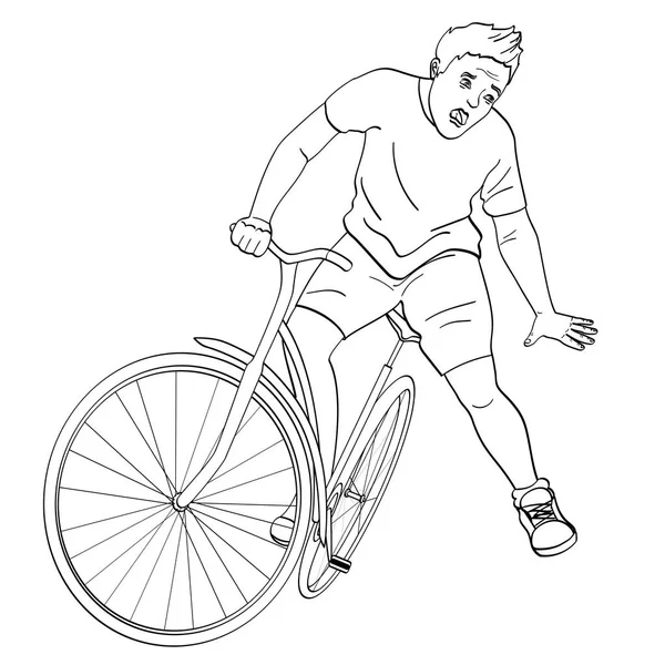 Isolated object on white background. The man is falling off the bicycle. Emotion funk, pain, raster coloring