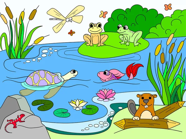 Водно-болотний пейзаж з тваринами колір растровий для дорослих — стокове фото