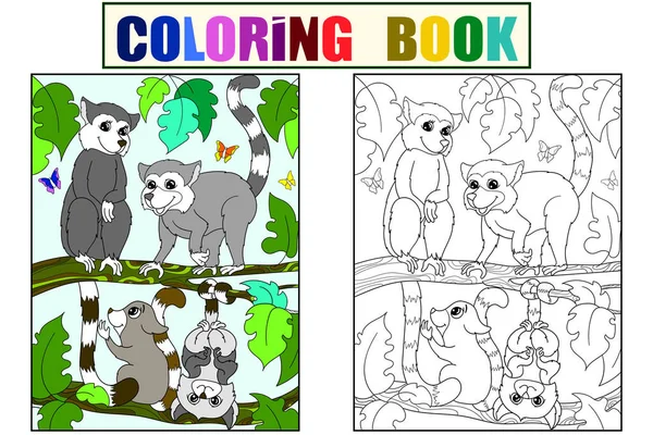 Childrens coloring book and color cartoon family of lemurs on nature.
