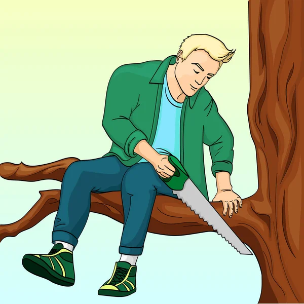 男の鋸引き木の枝はポップアートのレトロなラスター図を座っています。自分で悪い比喩。背景の色. — ストック写真