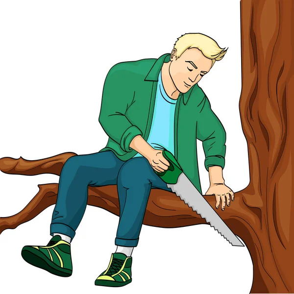 Человек Пилит Ветку Дерева Которой Изображен Растровый Рисунок Сделай Себе — стоковое фото