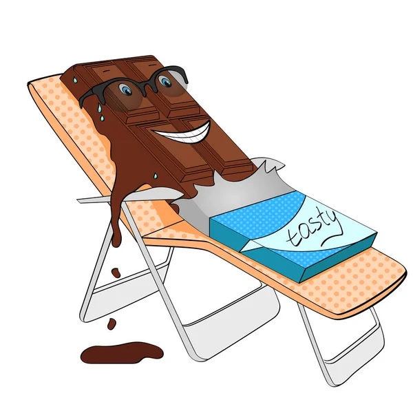 Chocolate bar derrete em objeto de praia sobre raster fundo branco. Personagem dos desenhos animados. Cor fundo . — Fotografia de Stock