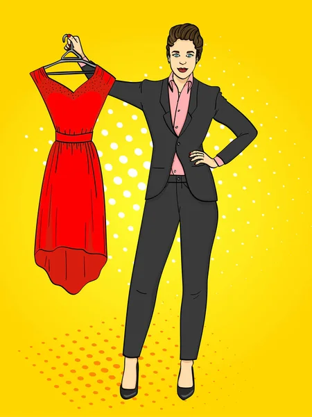 Pop art φόντο. Μια γυναίκα σε ένα επαγγελματικό κοστούμι, επιχειρηματίας, κρατώντας ένα κόκκινο φόρεμα στο χέρι. — Φωτογραφία Αρχείου