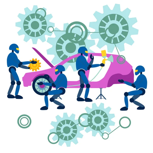 Flachroboter reparieren das Auto. Die Fahrzeugmontage erfolgt in minimalistischem Stil. Karikatur — Stockvektor
