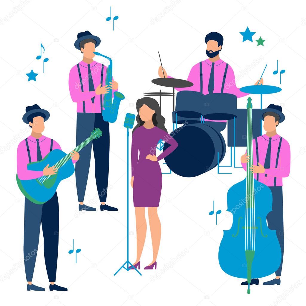Flat Jazz music in minimalist style. The band performs on stage. Musical instruments. Cartoon vector