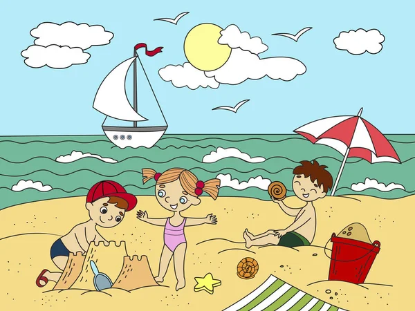 孩子们在海滩游泳 玩玩具矢量插图 冰淇淋和夏天 — 图库矢量图片