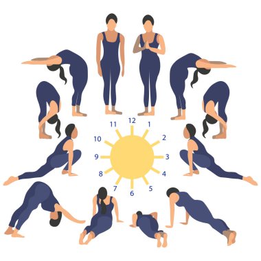 Selamlama güneşe Hinduizm ibadet şeklidir. Egzersiz veya düzgün düz duruş. Minimalist tarzda. Karikatür vektör