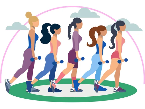 Antrenor de fitness, cinci femei. Exercitarea sau postura corectă plat. În stil minimalist. Cartoon Vector — Vector de stoc