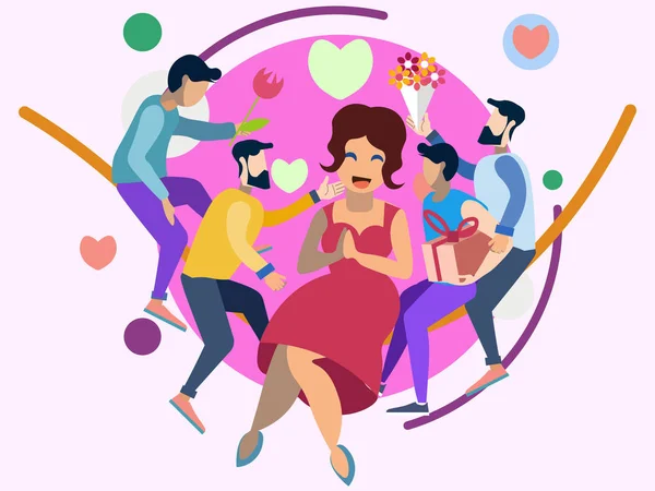 Chica gorda es popular entre los hombres, Día de San Valentín, Día del Amor piso. En estilo minimalista. Vector de dibujos animados — Archivo Imágenes Vectoriales