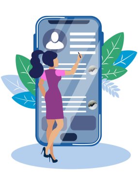 Bir kadın telefon talepleri, alışveriş yapma kaydını tutar. Günlük modu, minimalist tarzı düz zamanlamada. Karikatür vektör