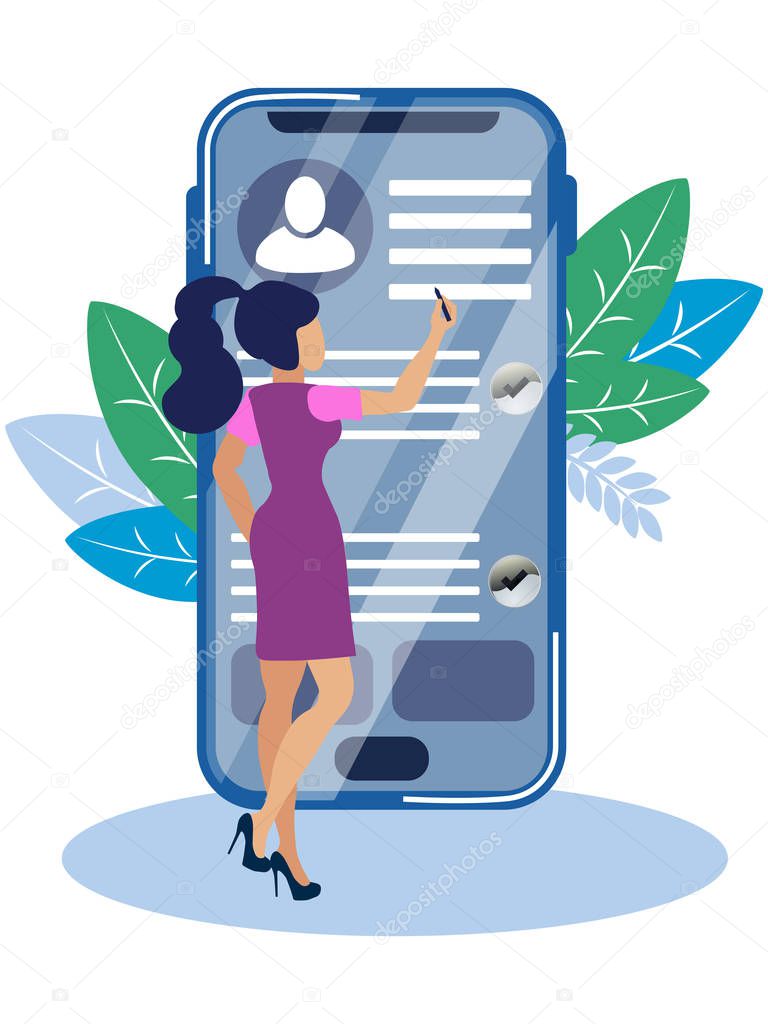 A woman keeps a record in the phone, making a list of cases, purchases. Day mode, schedule flat in minimalist style. Cartoon Vector
