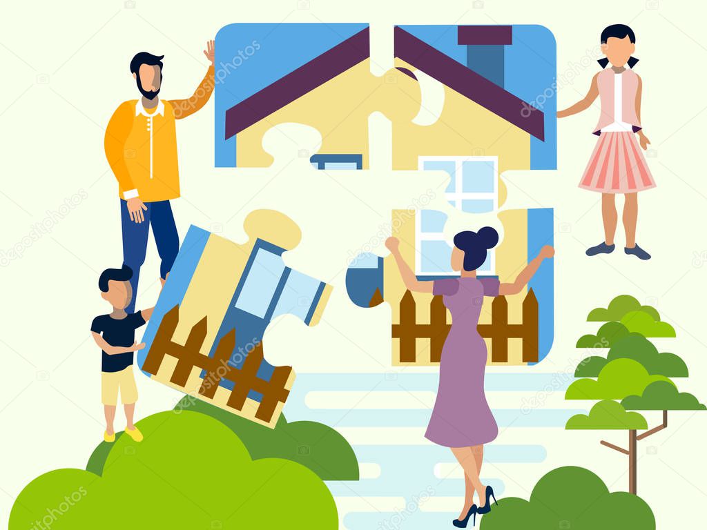 The family collects a puzzle, a symbol of family comfort, hearth. Four parts of the house. Flat in minimalist style. Cartoon Vector