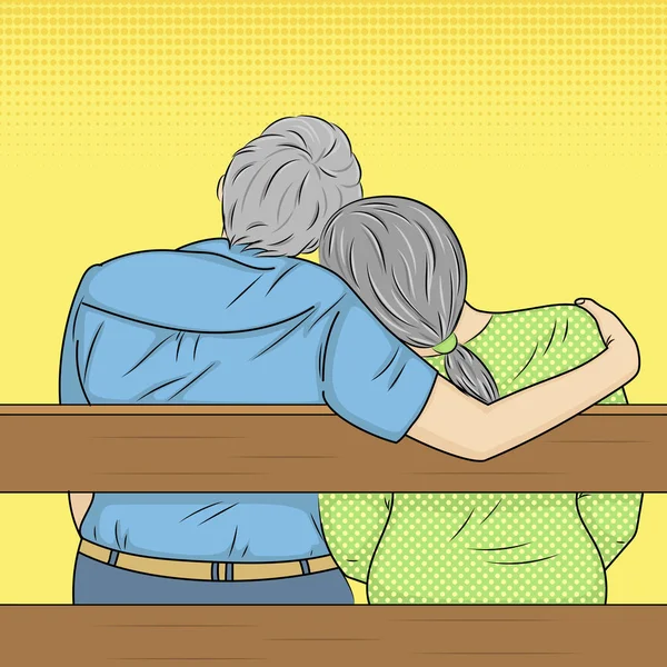 Pop-art pozadí. Dědeček a babička sedí na lavičce, pár v lásce, Valentýn. Vektor — Stockový vektor