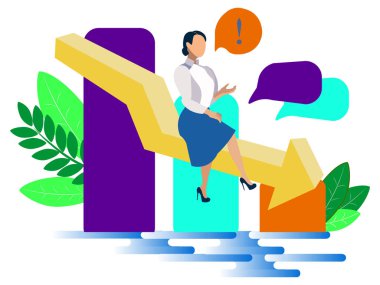 Düşen gelir. Ok aşağı nişan al. İş kadını kar kayıyor. Minimalist tarzda. Karikatür düz vektör