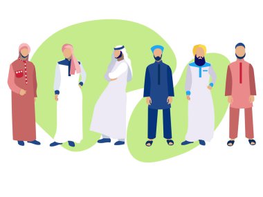 Altı erkek, Araplar grup Ulusal elbiseli kümesi. Minimalist tarzda. Karikatür düz vektör