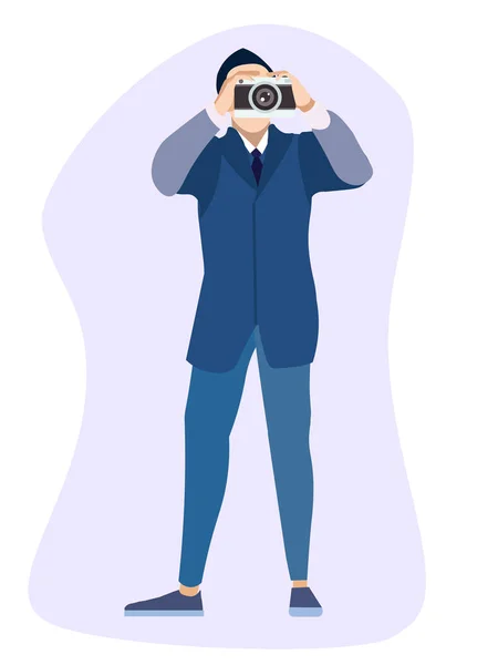 Objeto isolado. O homem de fato é fotógrafo. Em estilo minimalista. Desenhos animados plana Vector — Vetor de Stock