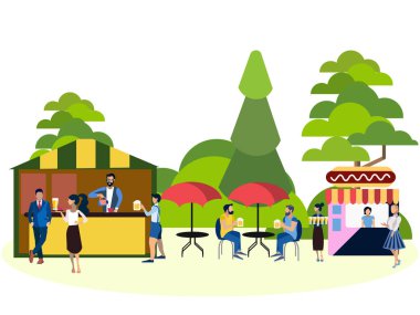 Eğlence Parkı, insanlar ve gıda alanında. Minimalist tarzda. Karikatür düz vektör