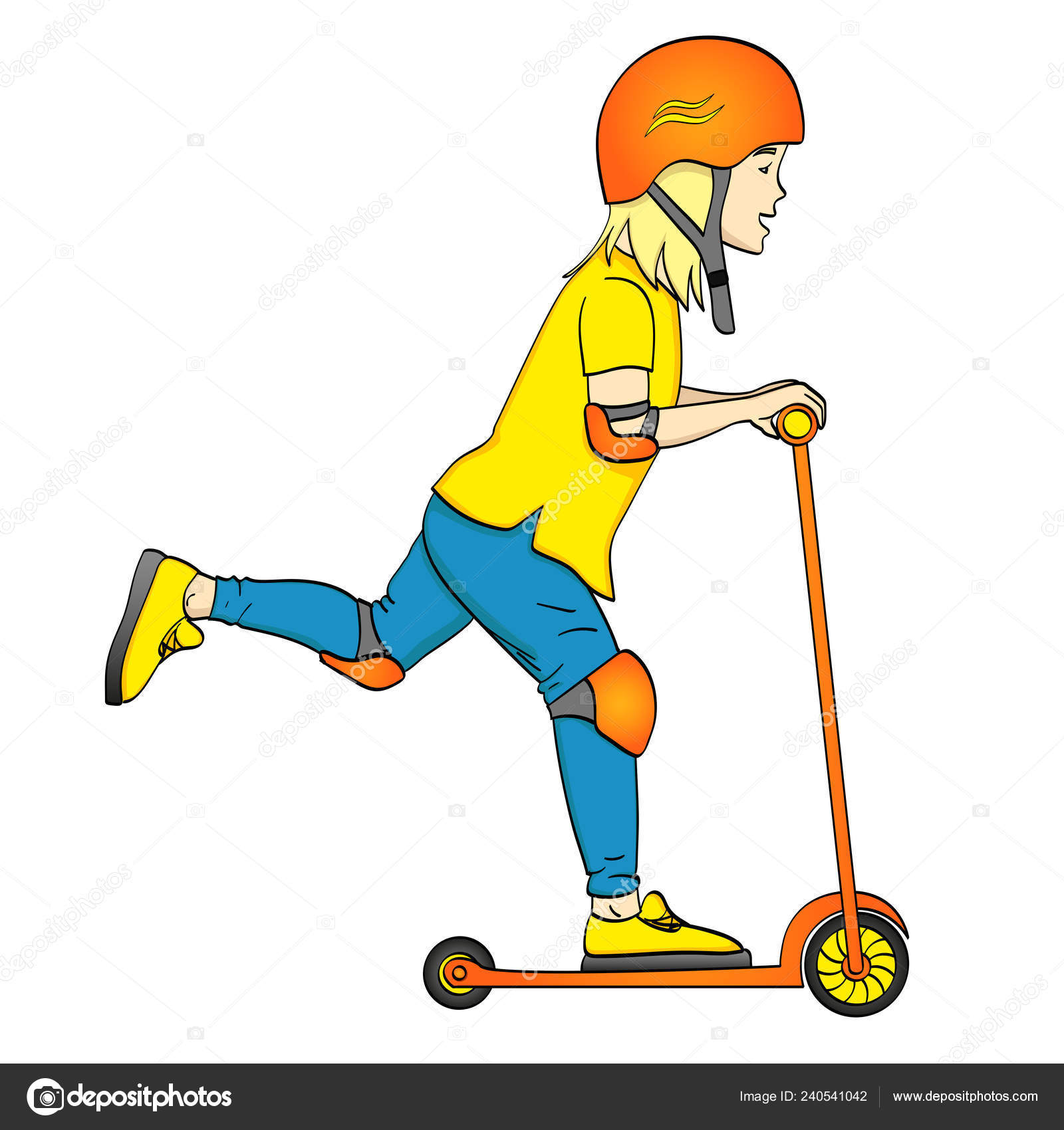 Objeto aislado sobre fondo blanco niño en un patinete scooter, empuje. En  protección especial, casco, coderas y rodilleras . Ilustración de stock de  ©toricheks2016.gmail.com #240541042