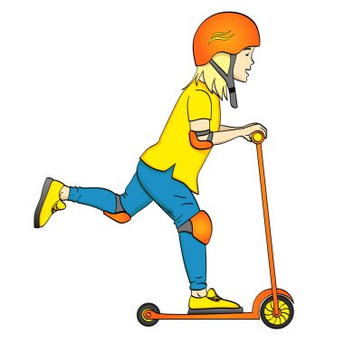 Beyaz arka plan çocuk üzerinde bir tekme scooter, itme izole nesnede. Özel koruma, kask, dirsek ve Diz yastıkları.