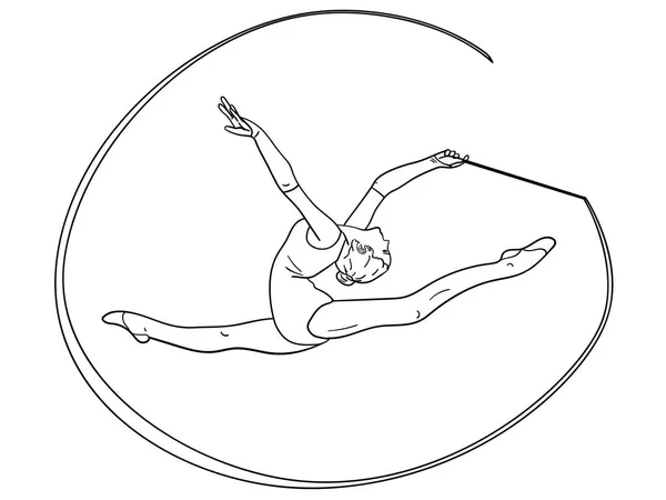Oggetto su sfondo bianco ginnastica ritmica, ragazza con un nastro su spago. Colorazione per bambini — Foto Stock