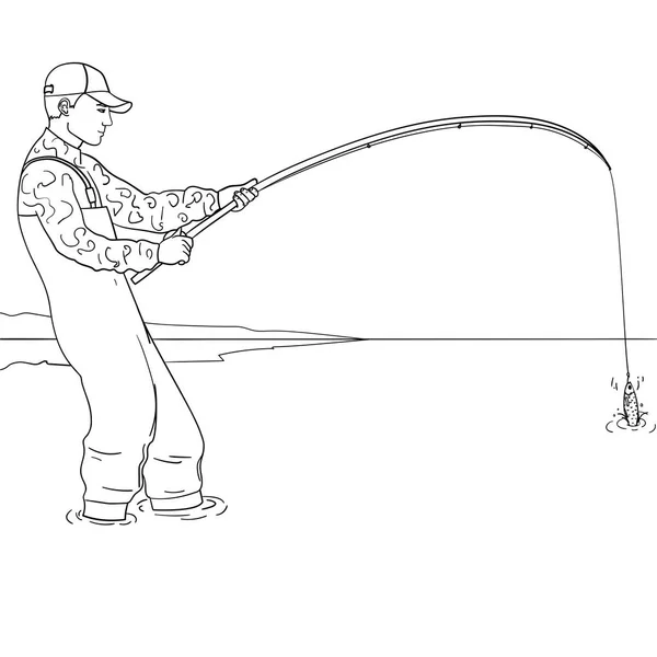 Рыбак поп-арта стоит в воде и борется с рыбой. Озеро реки. Раскраска для детей — стоковое фото