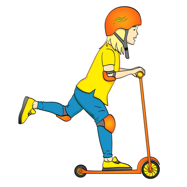 Objet isolé sur fond blanc enfant sur un scooter de pied, pousser. Protection spéciale, casque, coudières et genouillères . — Photo