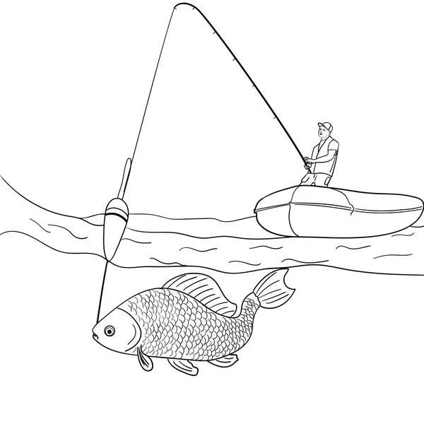 Objeto no homem de fundo branco que pesca em mar aberto. Pescador no barco a puxar peixe. Coloração para crianças raster — Fotografia de Stock