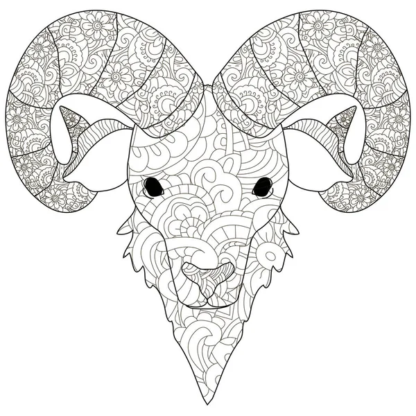 Adult antistress coloring head of a ram pattern, astrakhan. Illustration of black lines doodle, white background