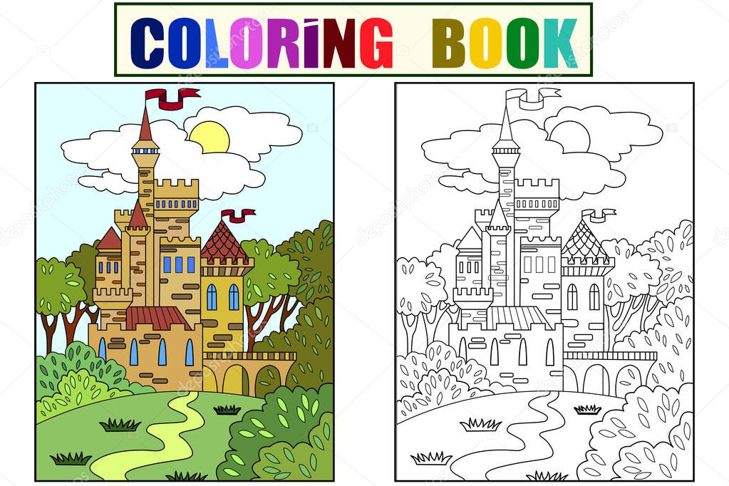 Childs colored picture Castle in the forest. The building is made of bricks in more often. Coloring for children. Black lines, color