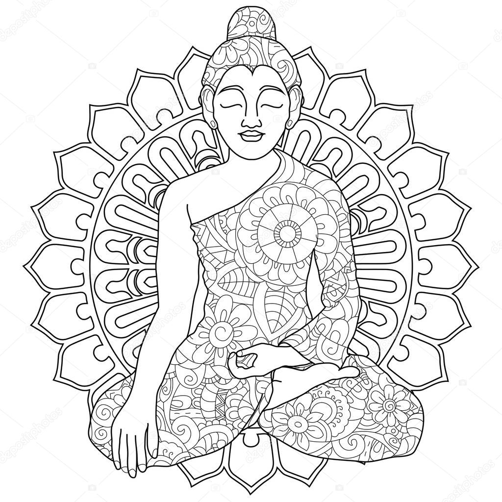 Adult antistress coloring manadala, woman doing yoga pattern, astrakhan. Illustration of black lines doodle, white background