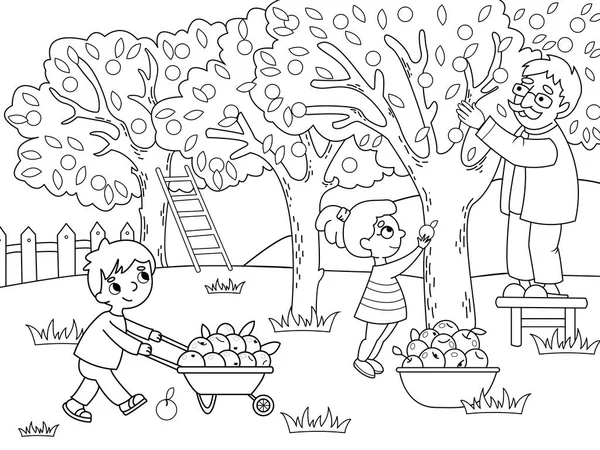 Niños dibujos animados sobre el tema del vector de la cosecha. Colorear y colorear en blanco y negro . — Archivo Imágenes Vectoriales