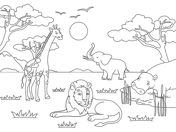 Niños dibujando. Animales de África, mamíferos continentales, zoológico. Vector para colorear, blanco y negro para colorear . — Vector de stock