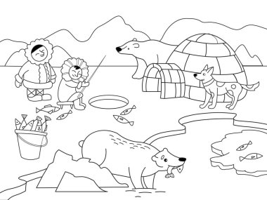 Kuzey Kutbu vektör. İçin kids eğitim oyunu eğitici bir oyun. Kutup hayvanları boyama, siyah ve beyaz boyama.