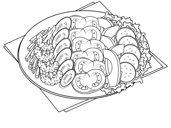 Nahrungsmittel auf einem Teller. Gemüse und Obst. Färbung, schwarze Linien auf weißem Hintergrund. Vektor — Stockvektor