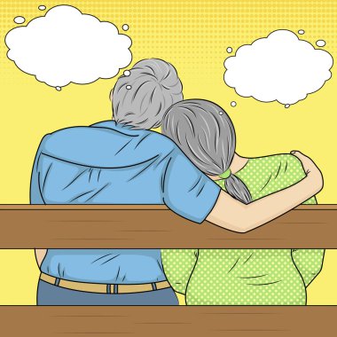 Pop sanat arka plan. Büyükbaba ve Büyükanne bir bankta bir kaç aşk, Sevgililer günü oturuyor. Vektör metin bubble düşünce