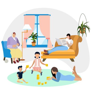 Aile ortamı. Aile evde istirahat. İç oda. Minimalist tarzda. Düz izometrik