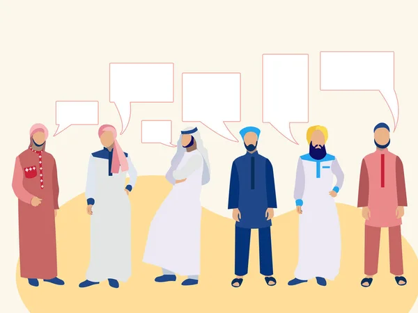 Ensemble de six hommes, un groupe d'Arabes en tenue nationale. Dans un style minimaliste. Dessin animé plat Texte vectoriel bulle pensée — Image vectorielle